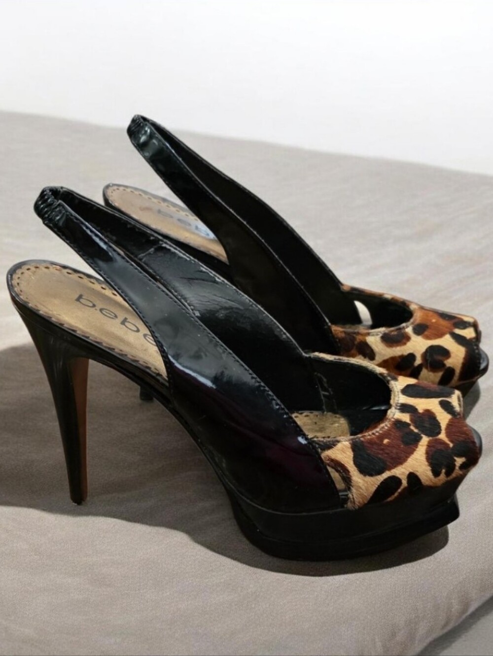 bebe Zahara Leopard Print Platform Slingback Peep Toe Heels Size 7 B